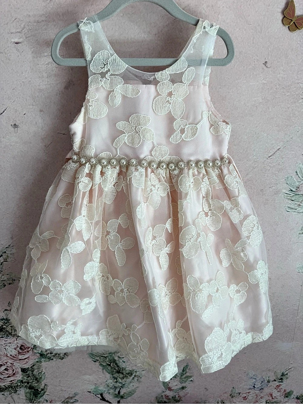 American Princess Pink Floral Lace and Pearl Waist Dress Girls 4T Like New